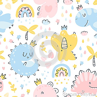 Dino princess seamless pattern. Girls dinosaurs with crowns in the jungle with a rainbow. Childish hand-drawn Vector Illustration