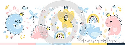 Dino princess set. Girls dinosaurs with crowns in the jungle with rainbow, flowers, rain. Childish hand-drawn Vector Illustration