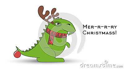 Dino Santa Claus Tyrannosaurus. Christmas funny cartoon dinosaur in a headdress with deer antlers and scarf isolated on white Vector Illustration