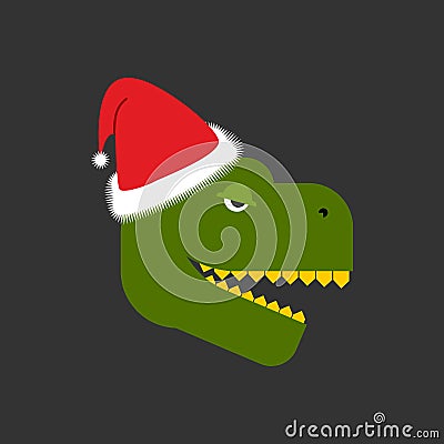 Dino Santa. Tyrannosaurus and Claus cap. Red hat and dinosaur. C Vector Illustration