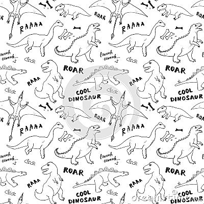 Dino Seamless Pattern, Cute Cartoon Hand Drawn Dinosaurs Doodles Vector Illustration Vector Illustration