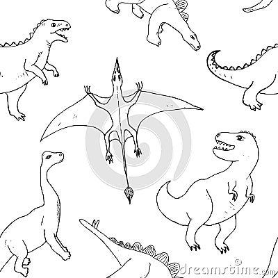 Dino Seamless Pattern, Cute Cartoon Hand Drawn Dinosaurs Doodles Vector Illustration Vector Illustration