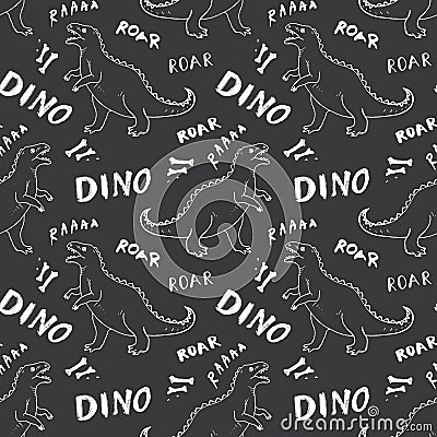 Dino Seamless Pattern, Cute Cartoon Hand Drawn Dinosaurs Doodles Vector Illustration Vector Illustration