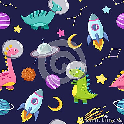 Dino in space seamless pattern. Cute dragon characters, dinosaur traveling galaxy with stars, planets. Kids cartoon Vector Illustration