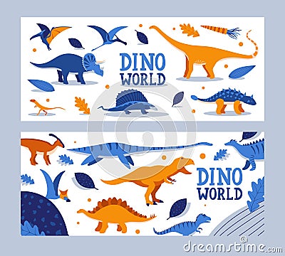 Dino world banner, children book, prehistoric animals vector illustration Vector Illustration