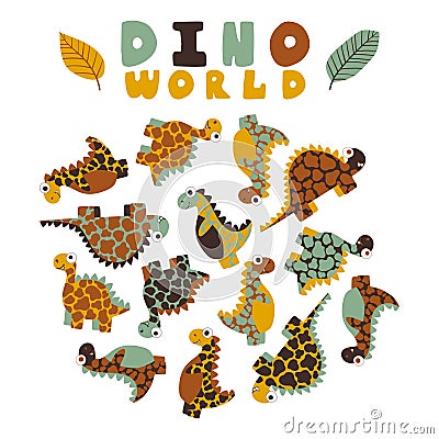 Dino world - set with neutral colors hand-drawn dinosaurs for kids vector illustration Vector Illustration