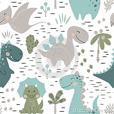 Dinosaur baby boy seamless pattern. Sweet dino with palm and cactus Vector Illustration