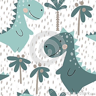 Dinosaur baby boy seamless pattern. Sweet dino with palm. Scandinavian cute print. Vector Illustration