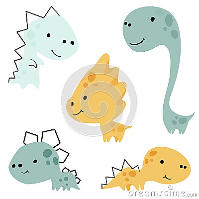 Dinosaur baby cute print set. Sweet little dino. Cool illustration for nursery, t-shirt, kids apparel Vector Illustration