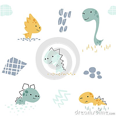 Dinosaur baby cute seamless pattern. Sweet dino boy with abstract shapes. Cool summer prin Vector Illustration