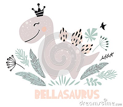 Dinosaur baby girl cute print. Sweet dino princess with crown. Cool stegosaurus illustration Vector Illustration