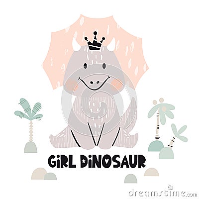 Dinosaur baby girl cute print. Sweet dino princess with crown. Cool triceratops illustration Vector Illustration