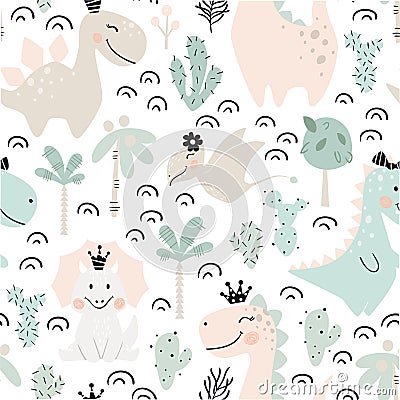 Dinosaur baby girl seamless pattern. Sweet dino princess with crown. Scandinavian cute print. Vector Illustration