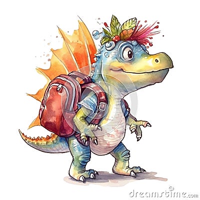 Dinosaur Backpack Student School Watercolor Sublimation Clipart Stock Photo