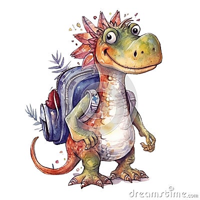 Dinosaur Backpack Fantasy Funny Cartoon Student Back to School Watercolor Stock Photo