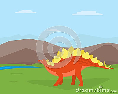 Dinosaur on Beautiful Mountain Landscape, Spinosaurus Prehistoric Animal on Nature Vector Illustration Vector Illustration