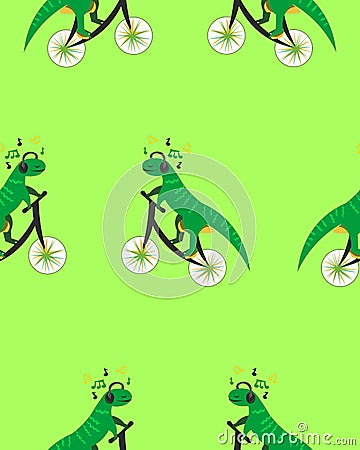 Dinosaur on a bicycle. Music in the headphones. Green seamless pattern. Design for clothes, gift wrapping, postcards Stock Photo