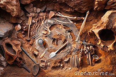 dinosaur bone excavation site with tools nearby Stock Photo