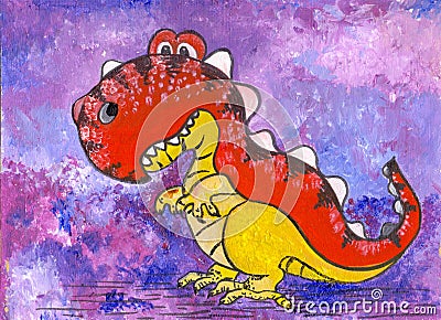 A dinosaur, a cartoon character. Figure with acrylic paints. Illustration for children. Handmade. Use printed materials, signs, ob Stock Photo