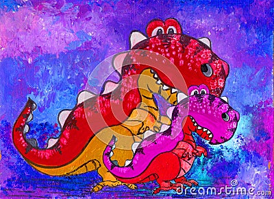 A dinosaur, a cartoon character. Figure with acrylic paints. Illustration for children. Handmade. Use printed materials, signs, ob Stock Photo