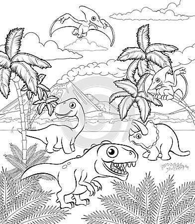 Dinosaur Cartoon Prehistoric Landscape Scene Vector Illustration