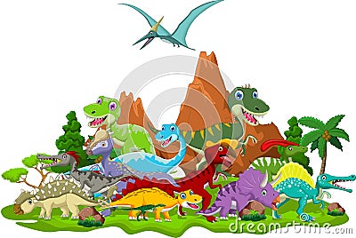 Dinosaur cartoon with landscape background Stock Photo