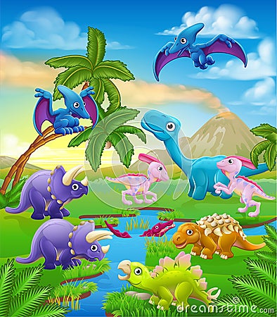 Dinosaur Cartoon Prehistoric Landscape Scene Vector Illustration