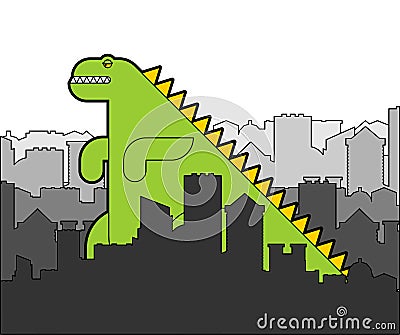 Dinosaur in city cartoon. Dino in town. Dragon and buildings Vector Illustration