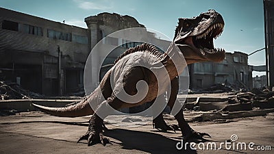 dinosaur in the city The vicious dinosaur was an exploited creature in the dystopian world, when the world was apocalyptic Stock Photo