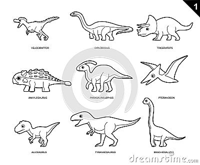Dinosaur Coloring Book Cartoon Vector Illustration Set 1 Vector Illustration