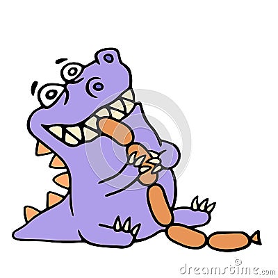 Dinosaur eats sausages. More food. Vector illustration. Vector Illustration