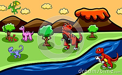 Dinosaur Era Background With All Sorts Of Dinosaurs Cartoon Illustration