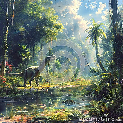 Dinosaur-Filled Ancient Jungle Stock Photo