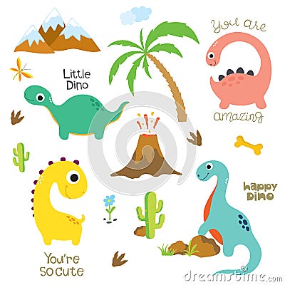 Dinosaur footprint, Volcano, Palm tree, Stones, Bone and Cactus Vector Illustration