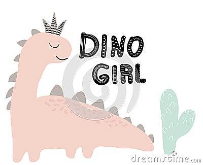 Dinosaur girl vector print in scandinavian style. chldish illustration for t shirt, kids fashion, fabric Vector Illustration