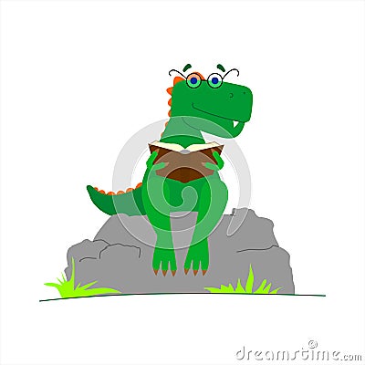Dinosaur With Glasses Reading a Book. Smart Dinosaur. A Tyrannosaurus With A Crest On its Back and With Glasses Sits on a Stone Stock Photo