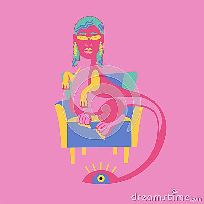 dinosaur with the head of a woman with blue hair and glasses. Sitting on a blue armchair. Vector Illustration