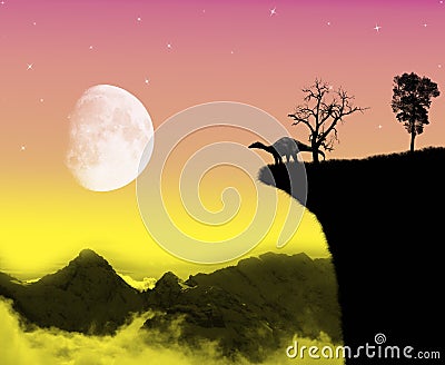 Dinosaur landscape and moonlight Stock Photo