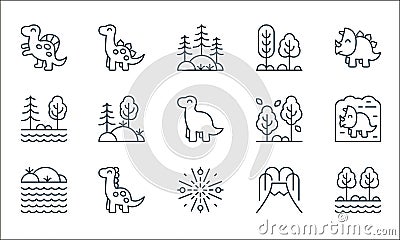 dinosaur line icons. linear set. quality vector line set such as river, big bang, rocks, volcano, dinosaur, trees, trees, trees, Vector Illustration