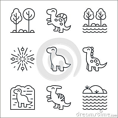 dinosaur line icons. linear set. quality vector line set such as rocks, parasaurolophus, archaeology, dinosaur, dinosaur, big bang Vector Illustration