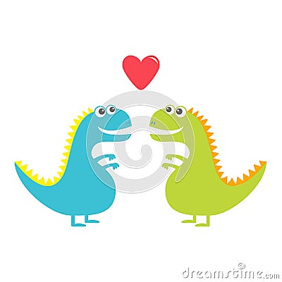 Dinosaur love couple set isolated on white background. Red heart. Happy Valentines Day. Love card. Cute cartoon funny dino baby ch Vector Illustration