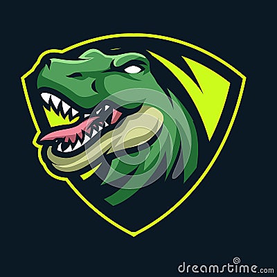 Dinosaur mascot head logo, esport logo green. T-rex monster Vector Illustration