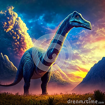 Dinosaur in the meadow. 3D render. Digital painting. Generative AI Stock Photo