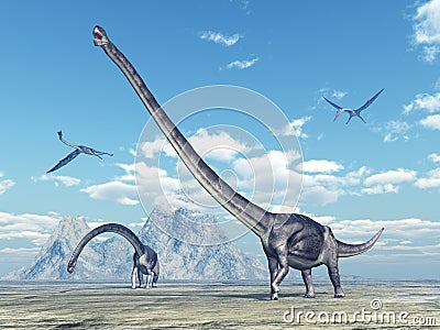 Dinosaur Omeisaurus and pterosaur Quetzalcoatlus Cartoon Illustration