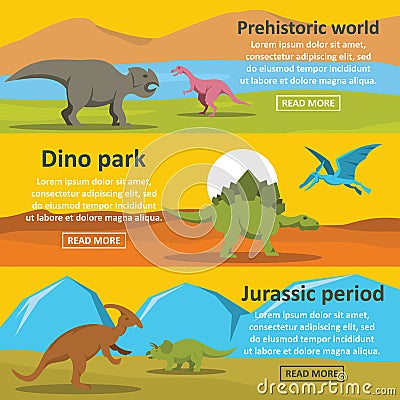 Dinosaur park banner horizontal set, flat style Vector Illustration