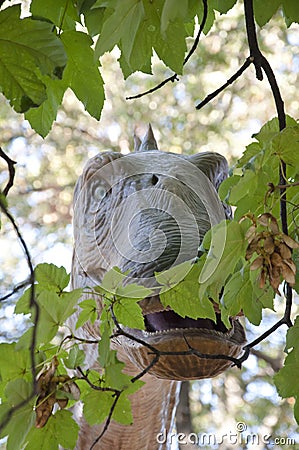 Dinosaur in the park. brachiosaurus dinosaurs toy in tree leaves. Diplodocus eating green leaves Stock Photo