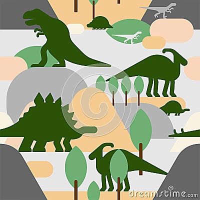 Dinosaur pattern seamless. Dino background. Dinosaurs and ancient landscape texture. Baby fabric ornament Vector Illustration