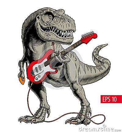 Dinosaur playing electric guitar. Tyrannosaurus or T. rex. Vector illustration Vector Illustration