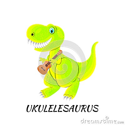 Dinosaur Playing Ukulele. Isolated on white. Vector illustration, flat style Cartoon Illustration