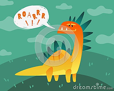 Dinosaur poster. Cute dino funny monsters kids print t-shirt dragon texture happy animal fashion label wallpaper flat Vector Illustration